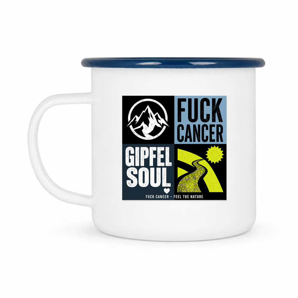 Emailletasse Weiß 12 oz – mit farbigem Rand - blau - Rueckseite