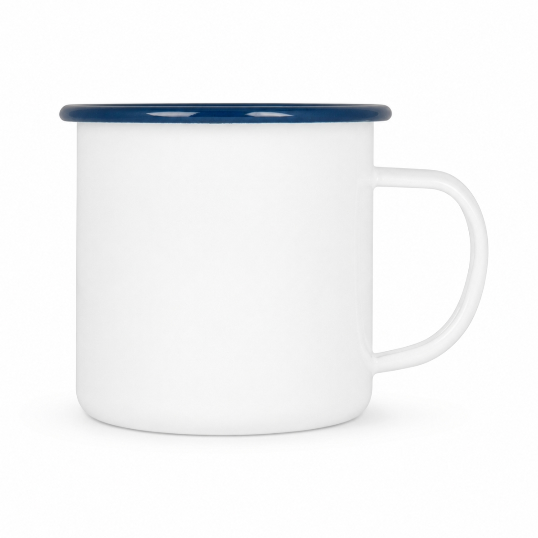 Emailletasse Weiß 12 oz – mit farbigem Rand - blau