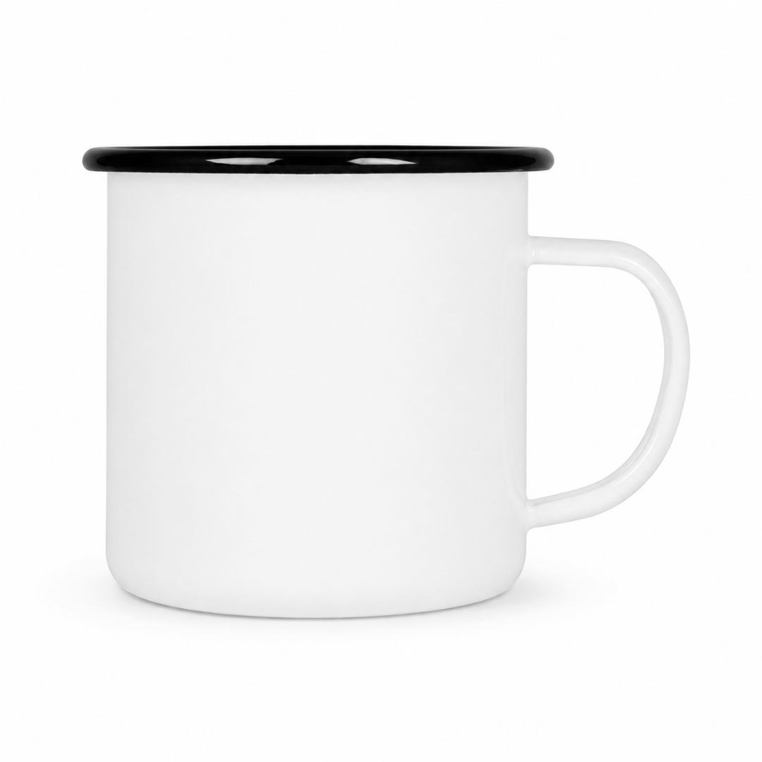 Emailletasse Weiß 12 oz – mit farbigem Rand - schwarz
