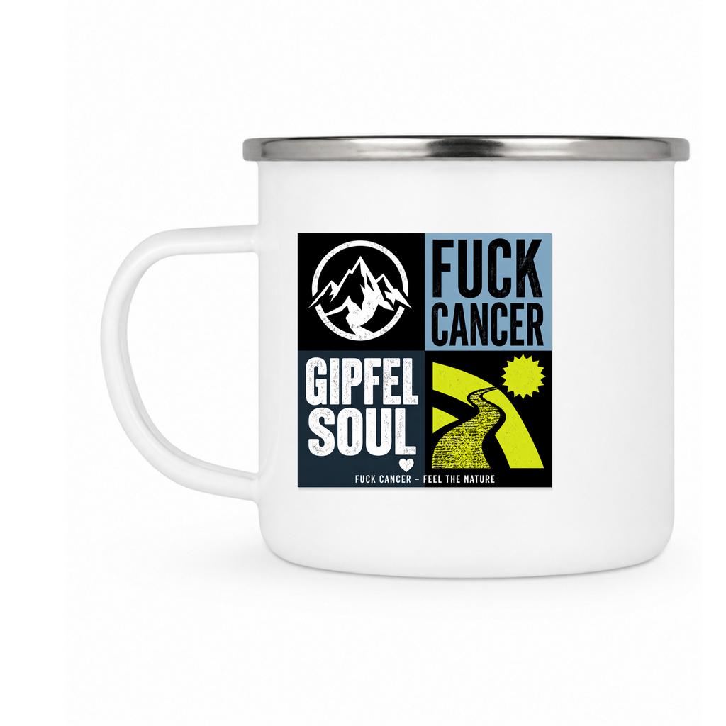 Emailletasse Weiß 12 oz – mit farbigem Rand - silber - Rueckseite