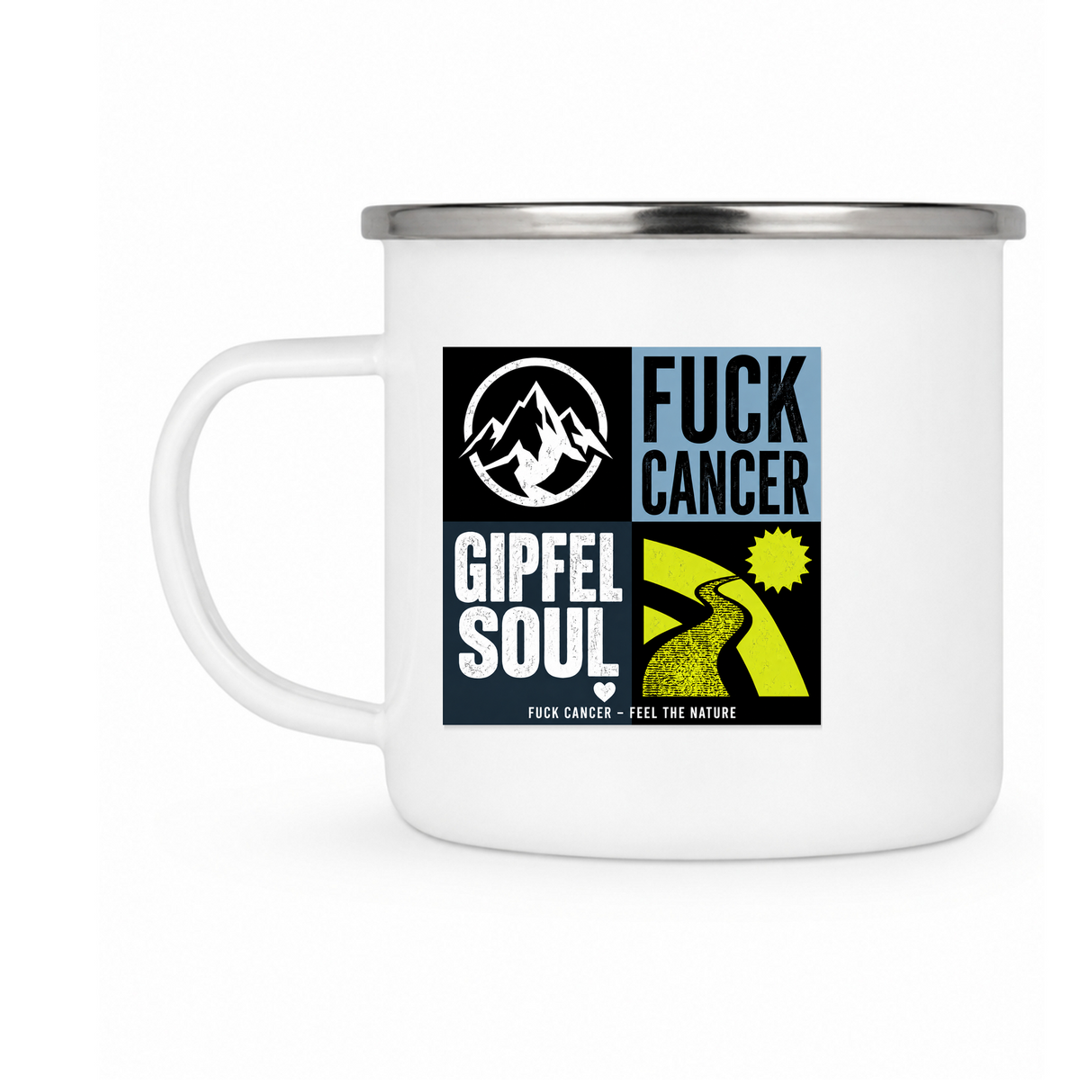 Emailletasse Weiß 12 oz – mit farbigem Rand - silber - Rueckseite