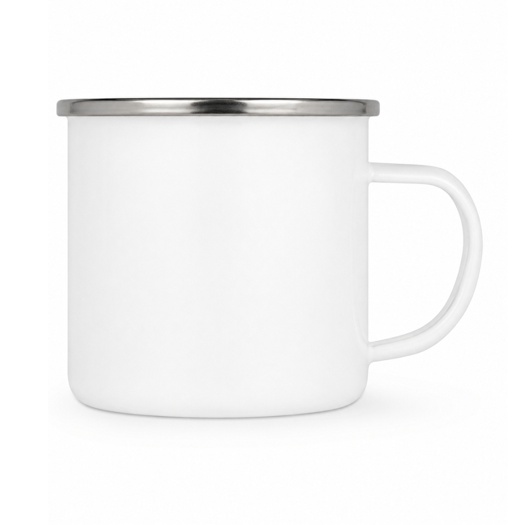 Emailletasse Weiß 12 oz – mit farbigem Rand - silber