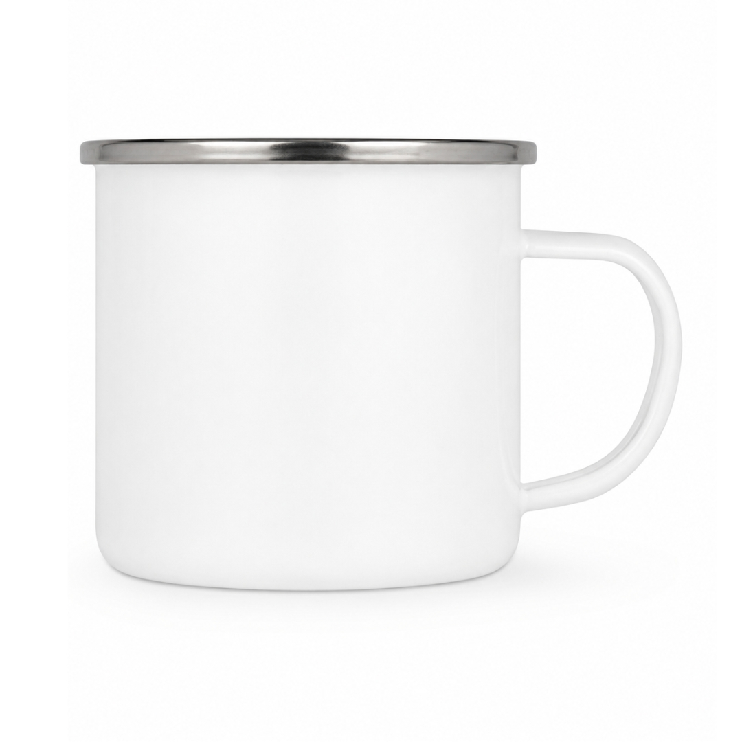 Emailletasse Weiß 12 oz – mit farbigem Rand - silber
